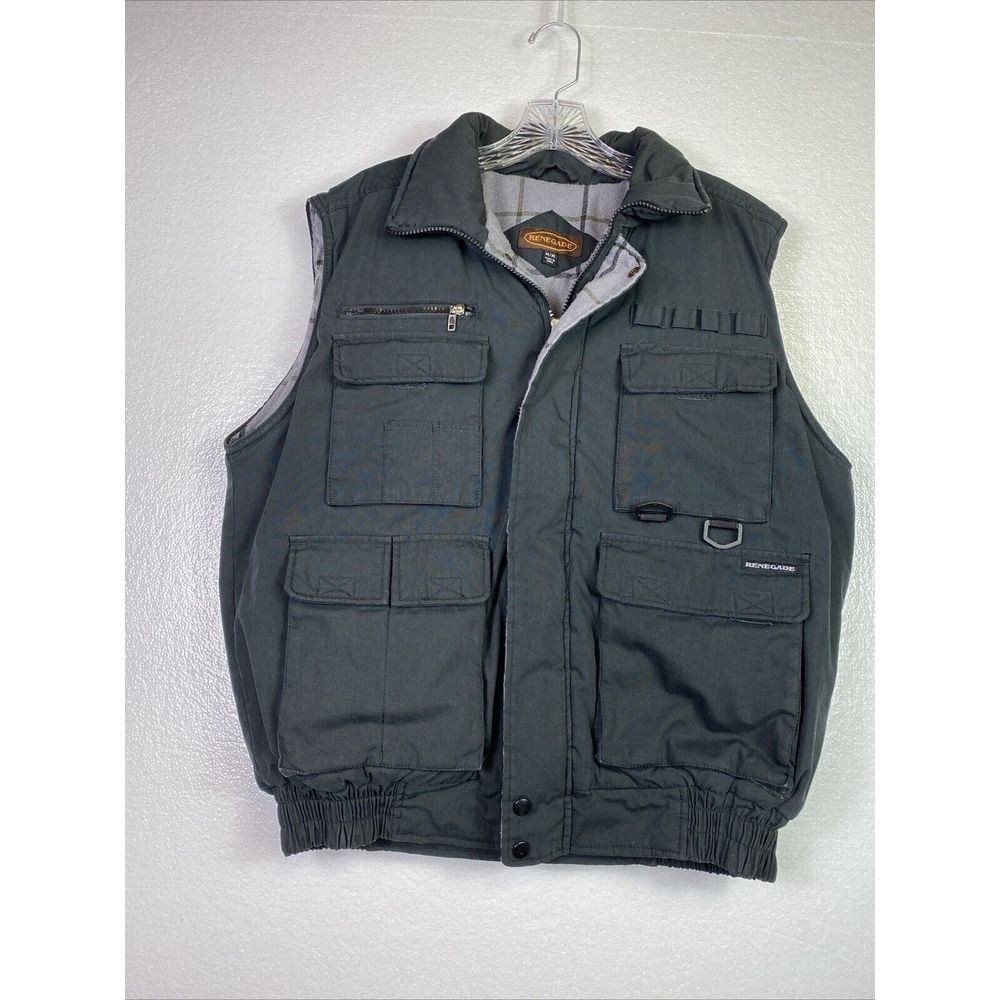 Renegade Mens Vest Coat M Black Flannel lined Zip & snap Hiking Hunting Fishing